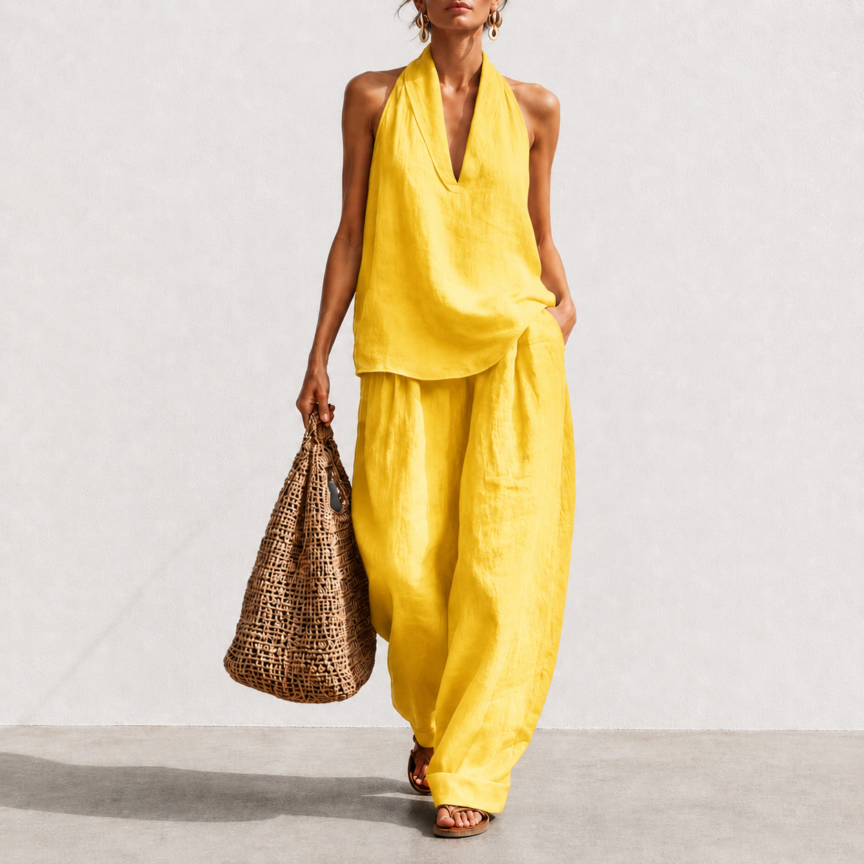 Women's Boho Linen Two Piece Set Halter Neck Sleeveless Top & Wide Leg Pants Beach Vacation Brunch Casual Outfit