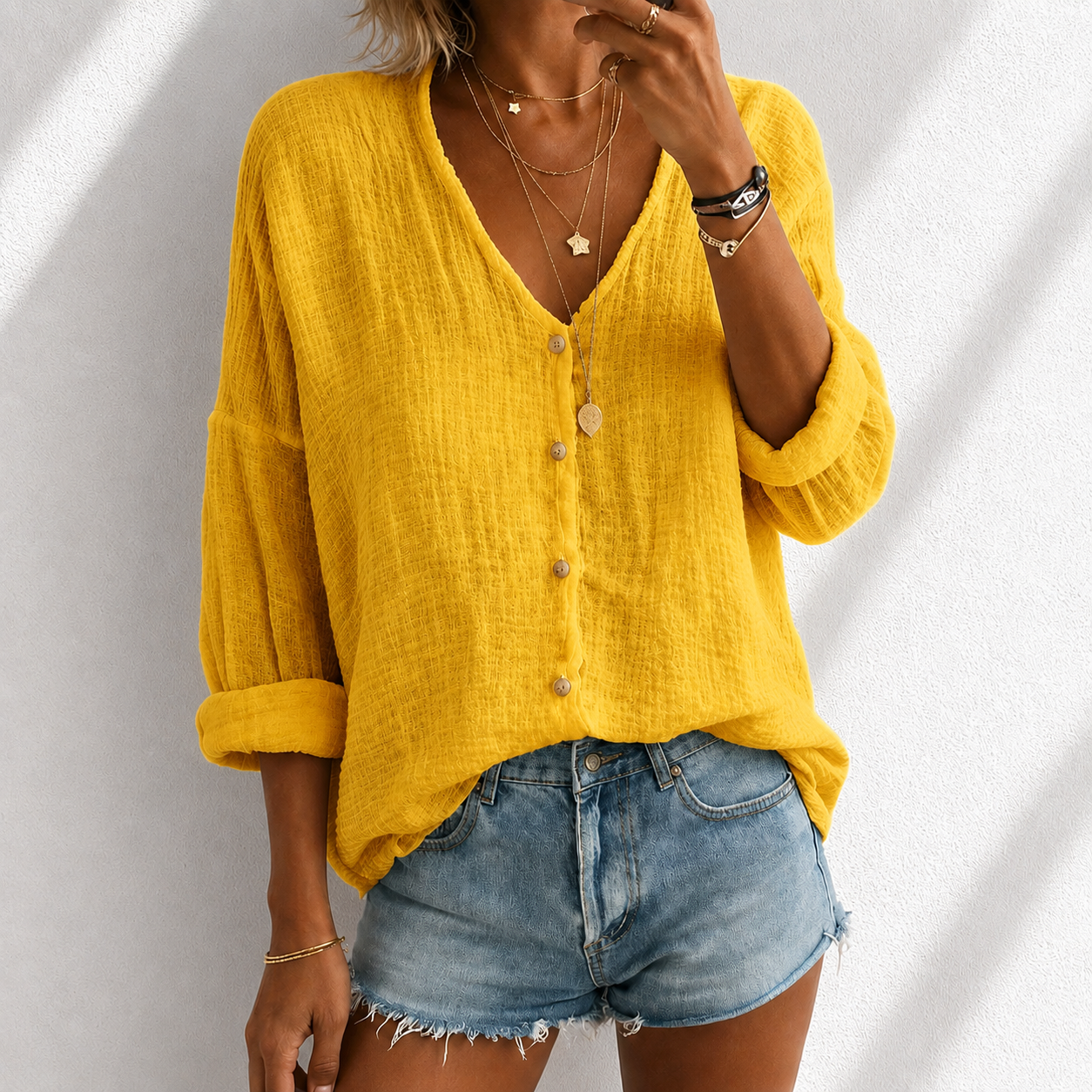 Women's Cotton Linen Loose Solid Color Long-sleeved Shirt