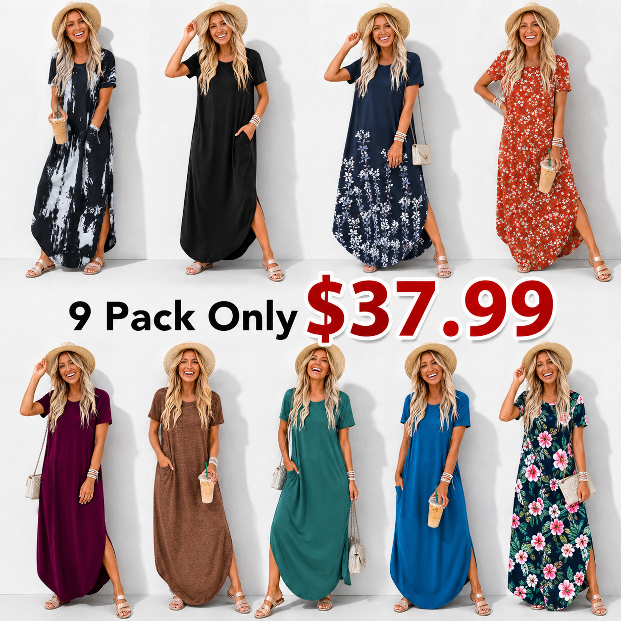 Womens Summer Maxi Dress Short Sleeve Casual Loose Long T Shirt Dresses Split Vacation Beach Sundress Travel Outfits