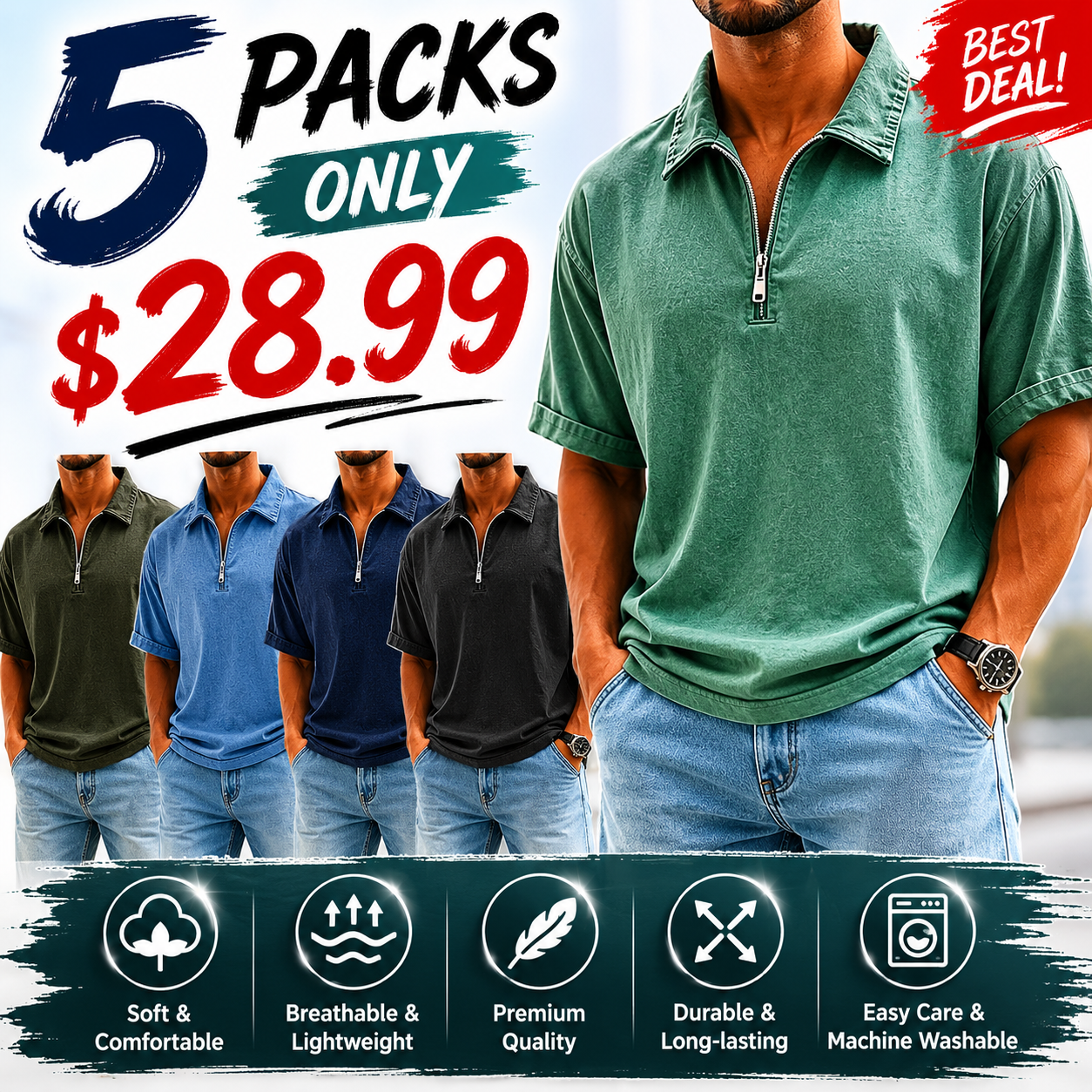 Men's Fashion Retro Casual Stand Collar Short Sleeve Polo Shirt
