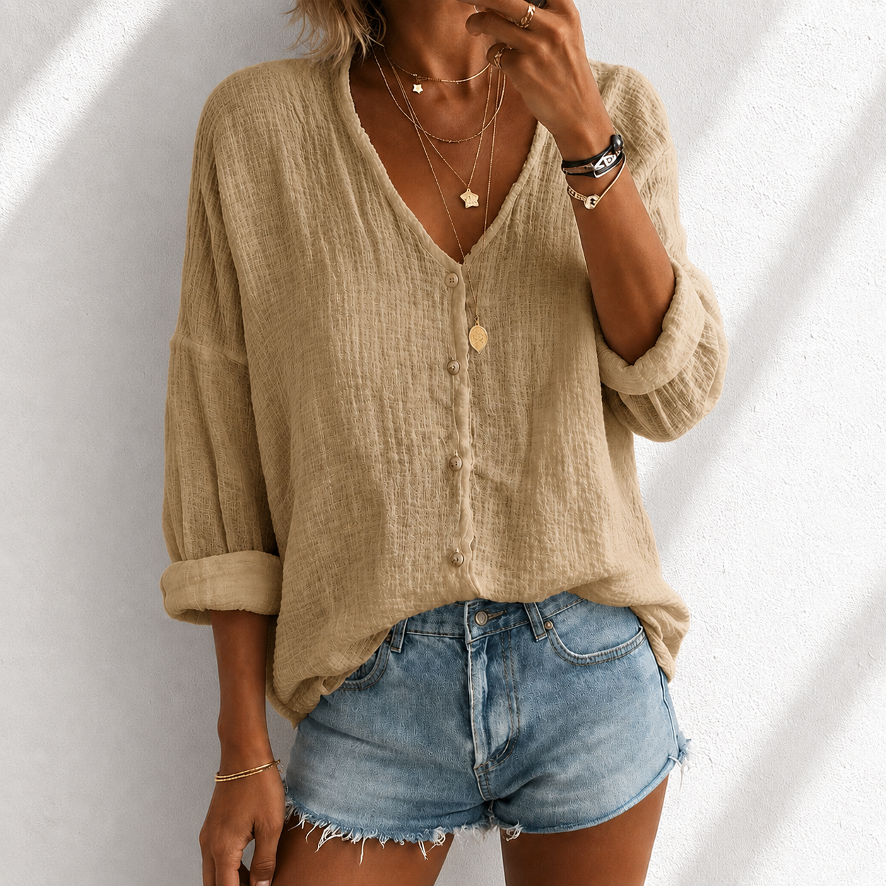 Women's Cotton Linen Loose Solid Color Long-sleeved Shirt
