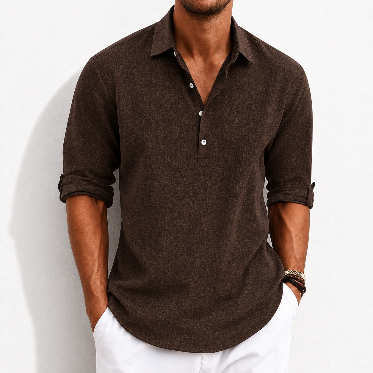Men's Breathable Linen Henley Shirt –3/4 Sleeves Polo Shirt- Casual Roll-Up Sleeve Summer Essential