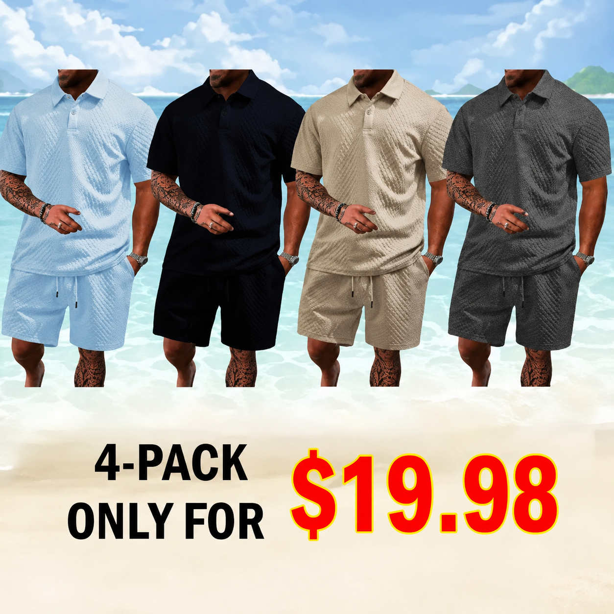 Men's Solid Polo & Drawstring Shorts Set Cozy, Breathable for Daily/Beach, Summer Casual
