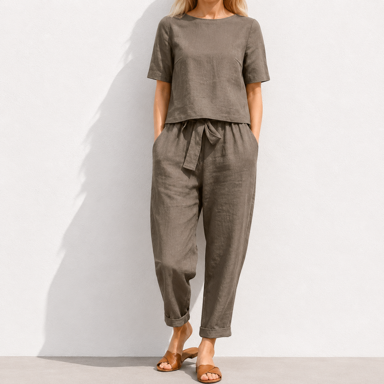 women's cotton and linen set half sleeve + wide leg pants
