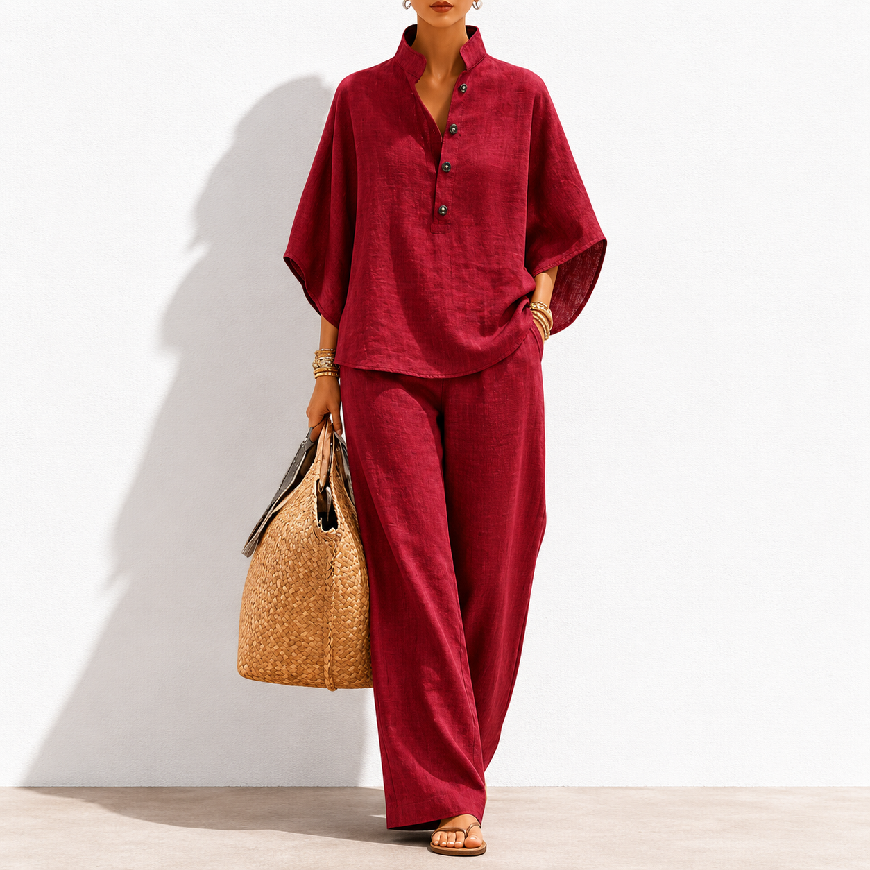 🔥Last Day OFF🔥Women's Batwing Sleeve Two-Piece Set – Casual Shirt & Wide Leg Pants Outfit