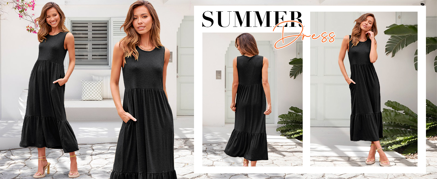 Women Summer Casual Sleeveless Crewneck Sundress Aline Flowy Tiered Maxi Long Beach Vacation Dress