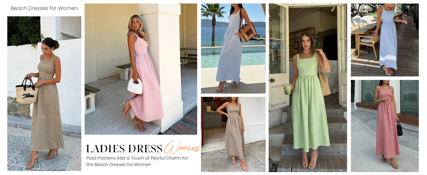 Square Neck Sleeveless Dresses Plaid Maxi Date Night Dress