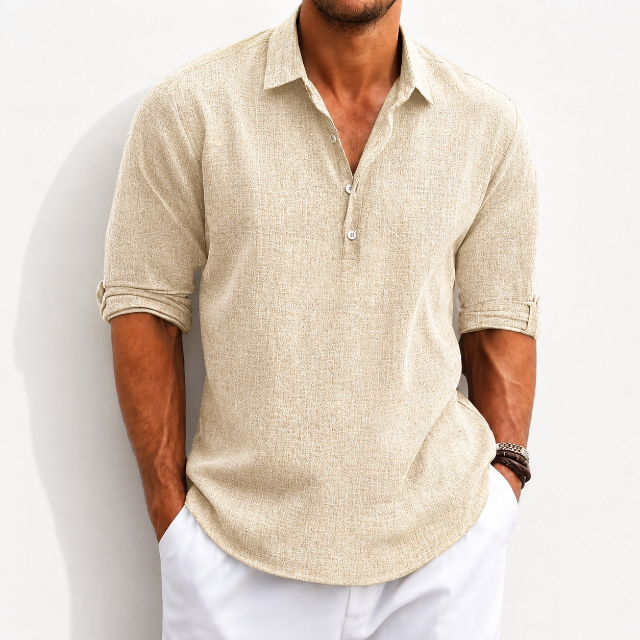 Men's Breathable Linen Henley Shirt –3/4 Sleeves Polo Shirt- Casual Roll-Up Sleeve Summer Essential