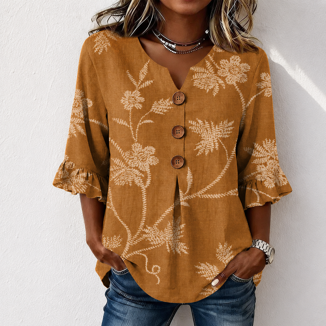 Boho Floral Print Button V-neck Blouse With Ruffle Sleeves