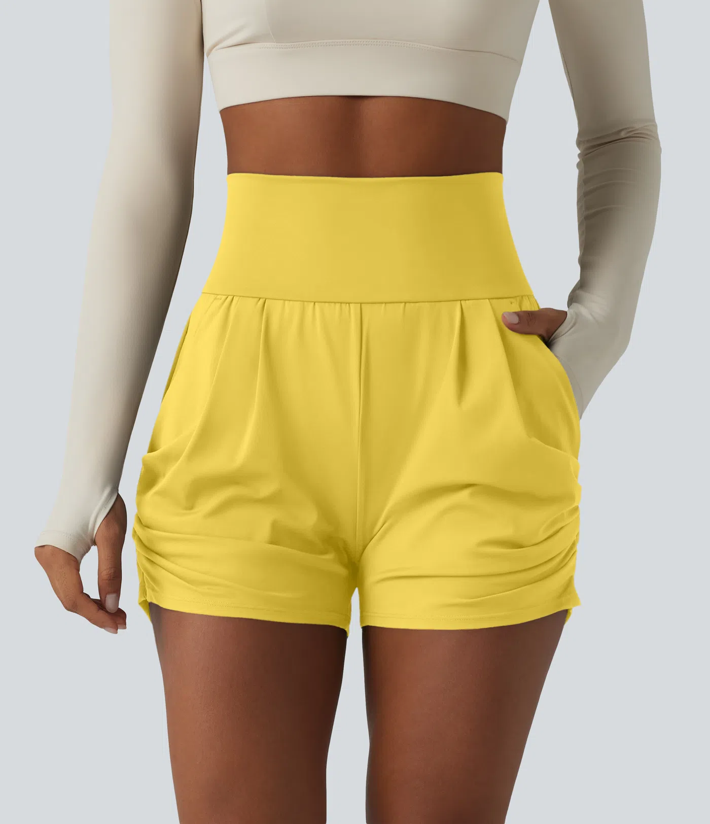 Airy High Waisted Ruched Cool Touch Yoga Shorts 3'' with Pockets