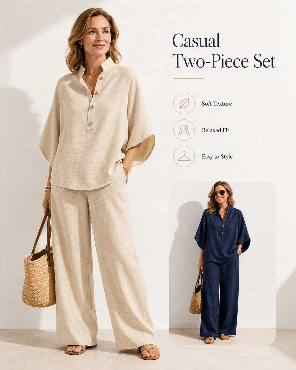 Casual Two-Piece Set product overview in beige and navy