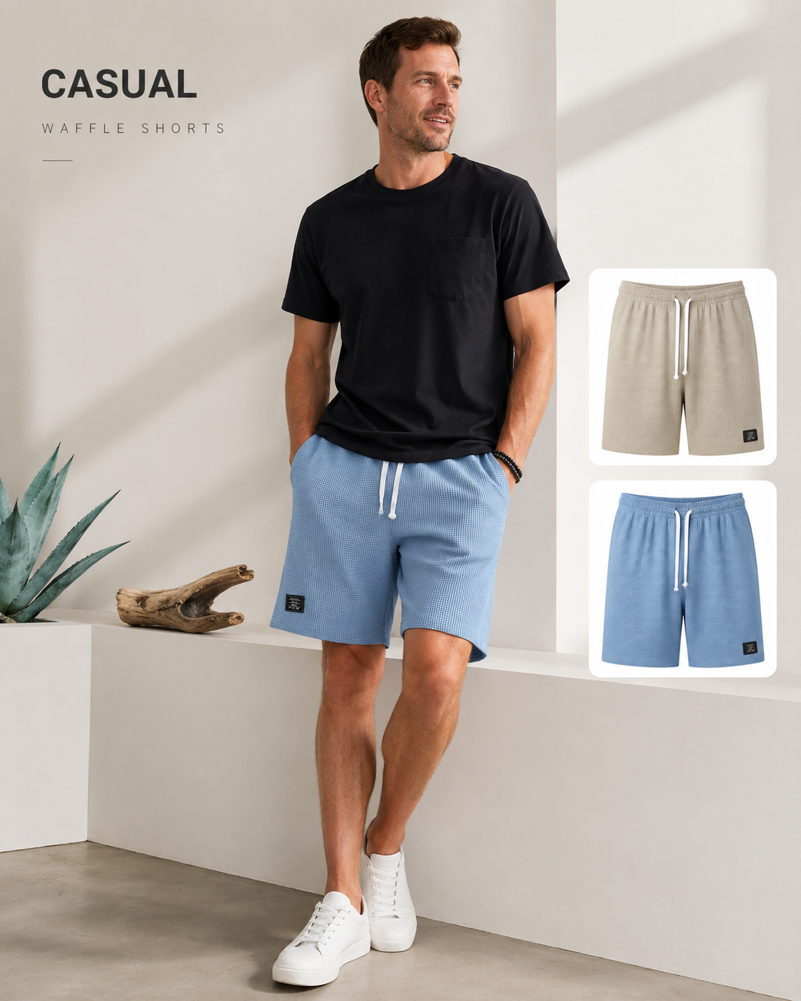 Hero image of men's casual waffle shorts on model