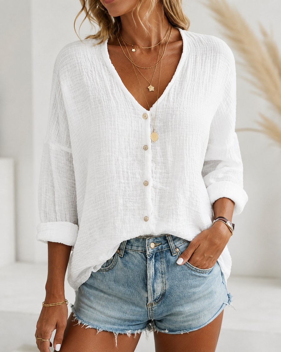 White textured V-neck blouse worn with denim shorts