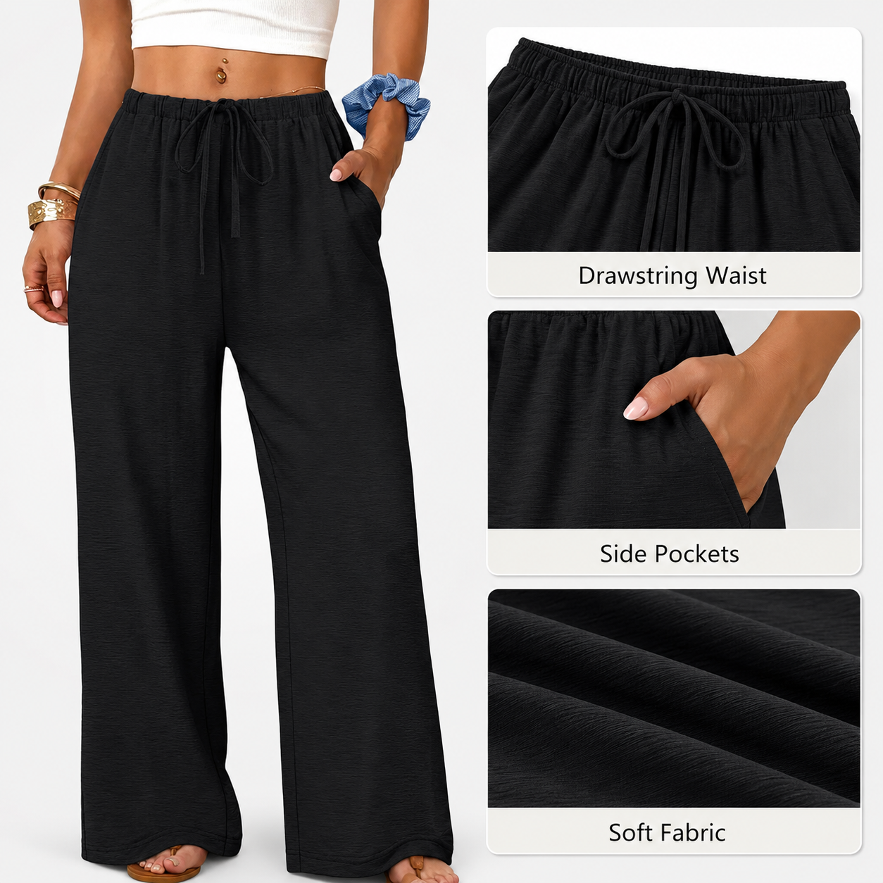 Drawstring Waist / Side Pockets / Soft Fabric