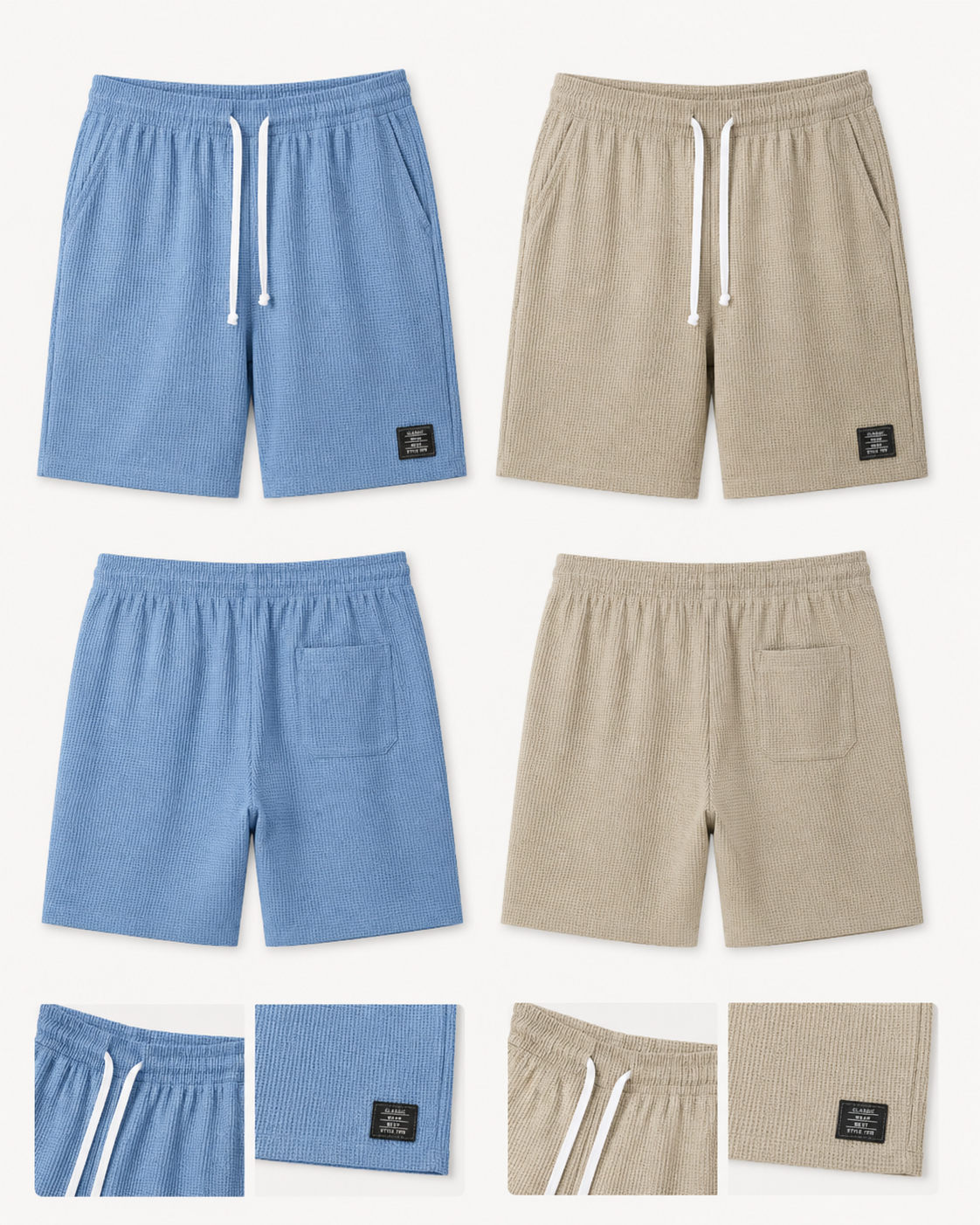 Front and back product views of waffle shorts