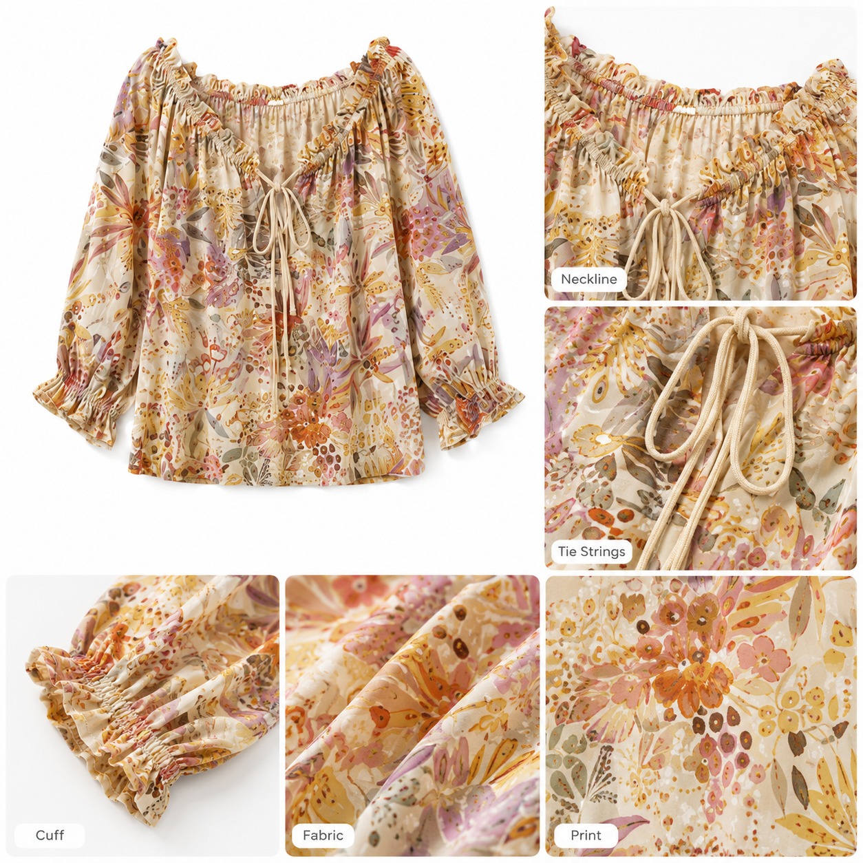 Blouse neckline, tie string, cuff, fabric, and print details