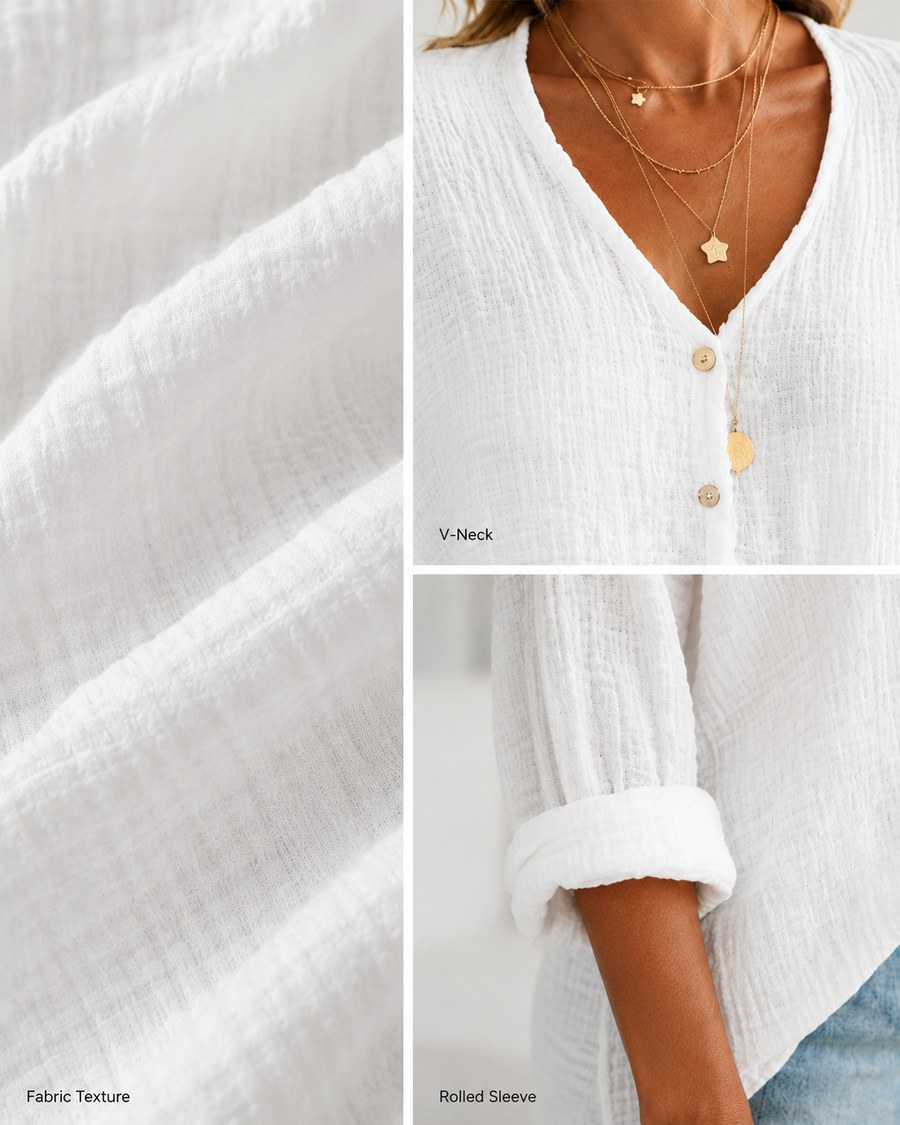 Fabric texture, V-neck, and rolled sleeve detail of white blouse