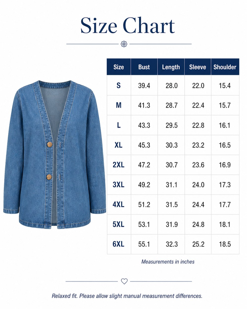 Size chart for S to 6XL