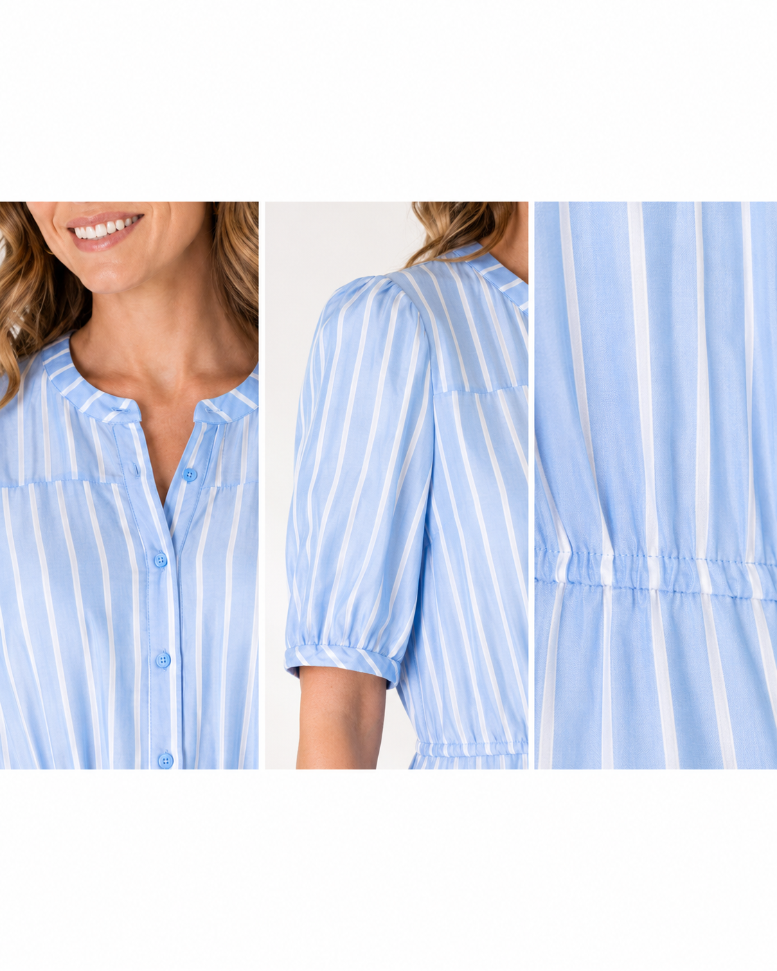 Neckline, buttons, sleeve and fabric detail image