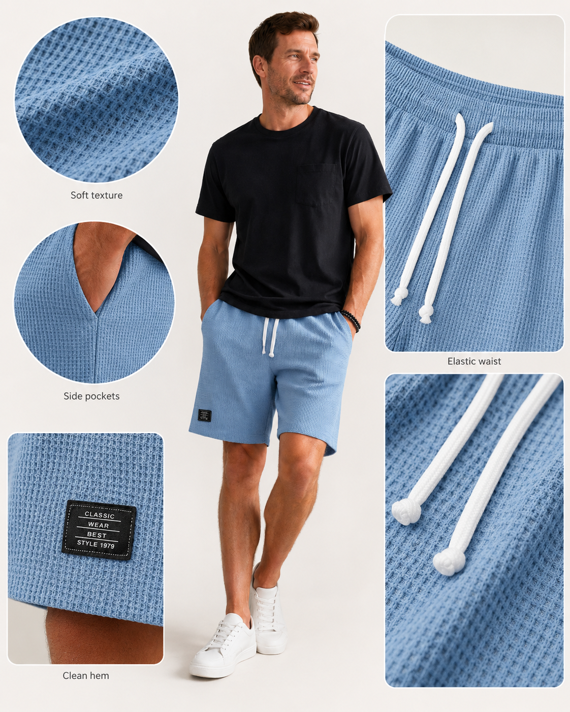 Detail collage showing fabric texture and waistband
