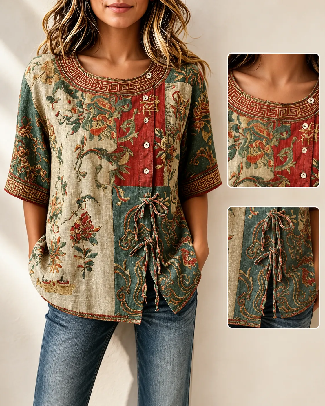 Vintage floral patchwork blouse main product view
