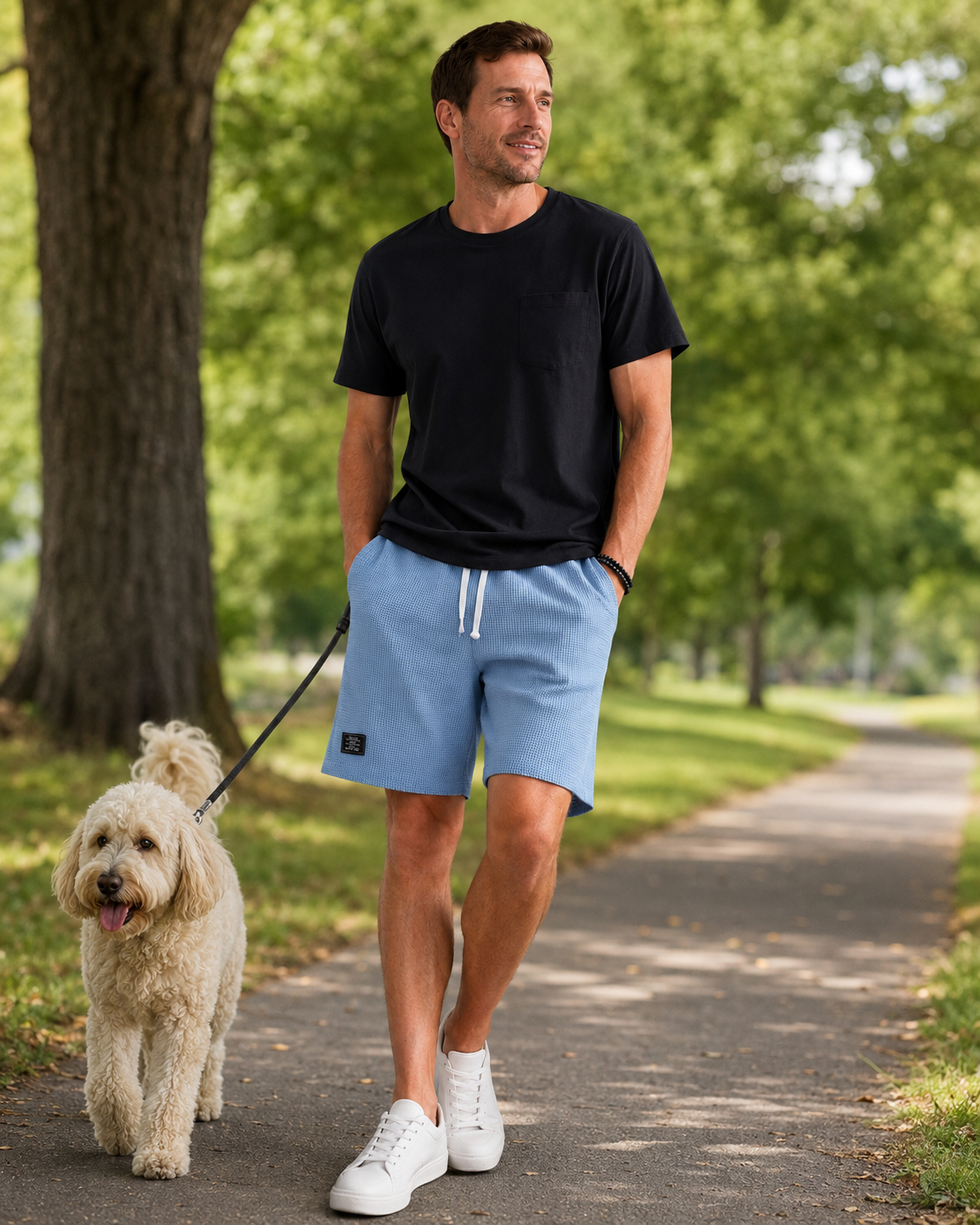 Lifestyle scene showing model wearing blue waffle shorts
