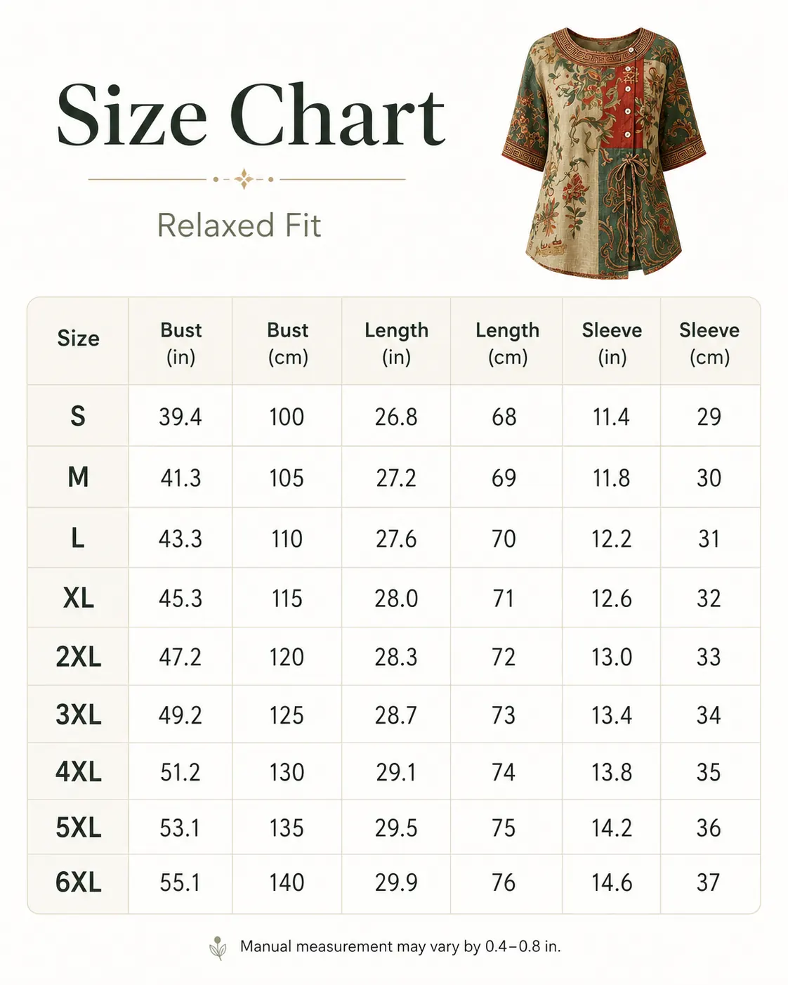 Size chart S to 6XL