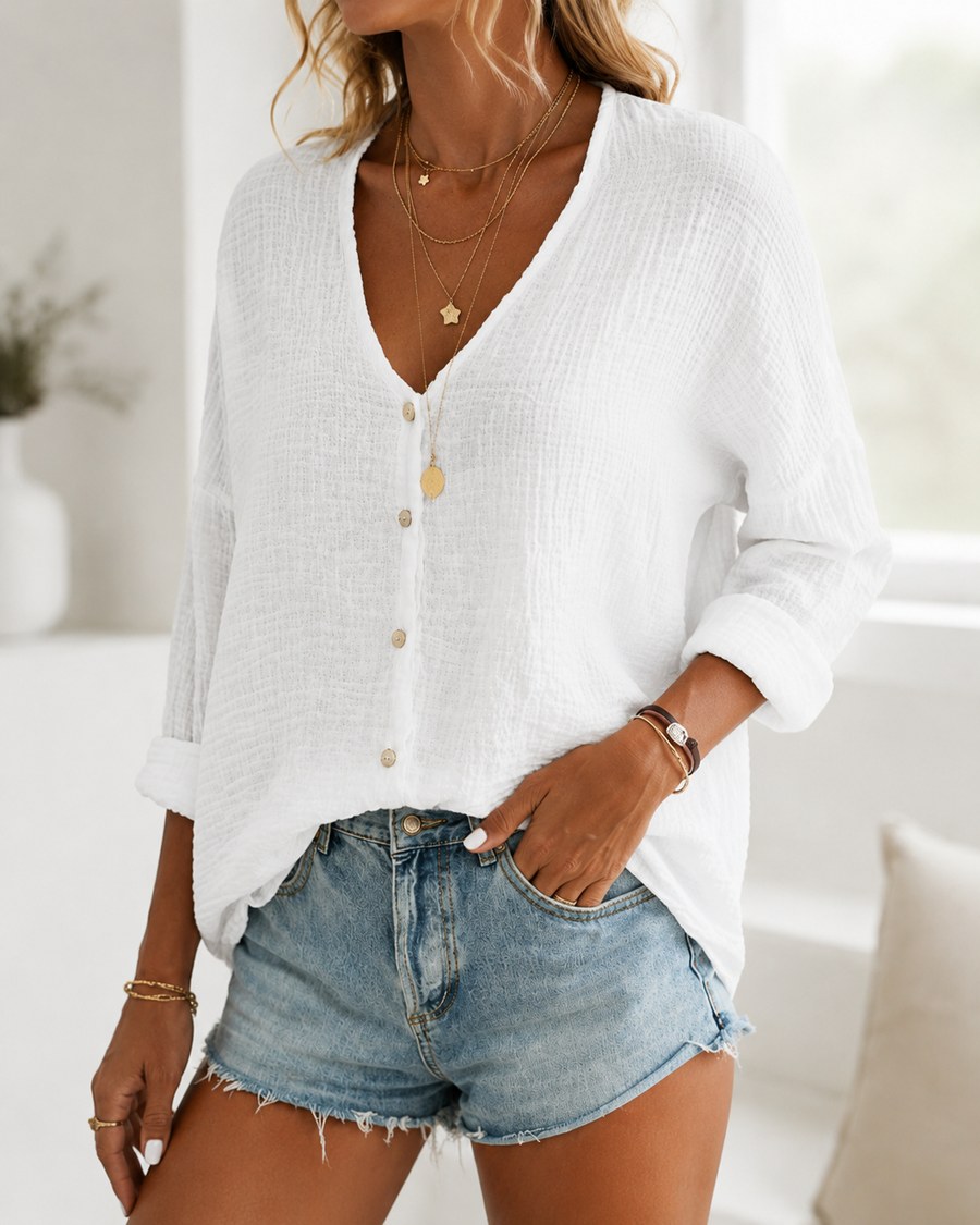 Indoor fit image showing relaxed drape of white blouse