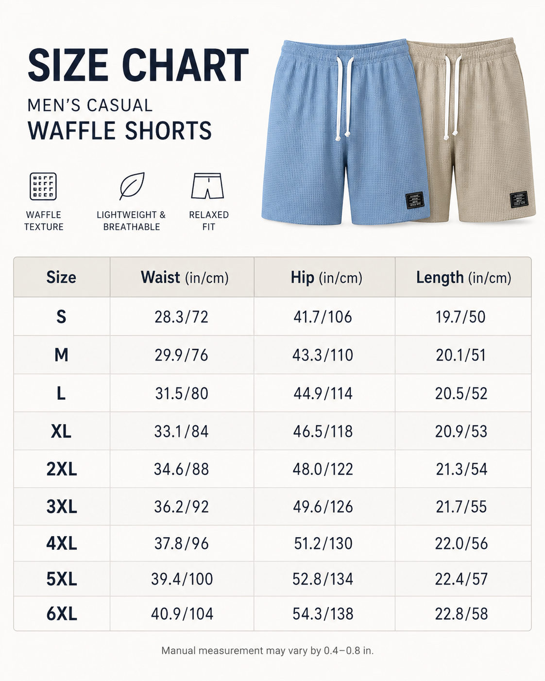 Size chart S to 6XL for men's waffle shorts