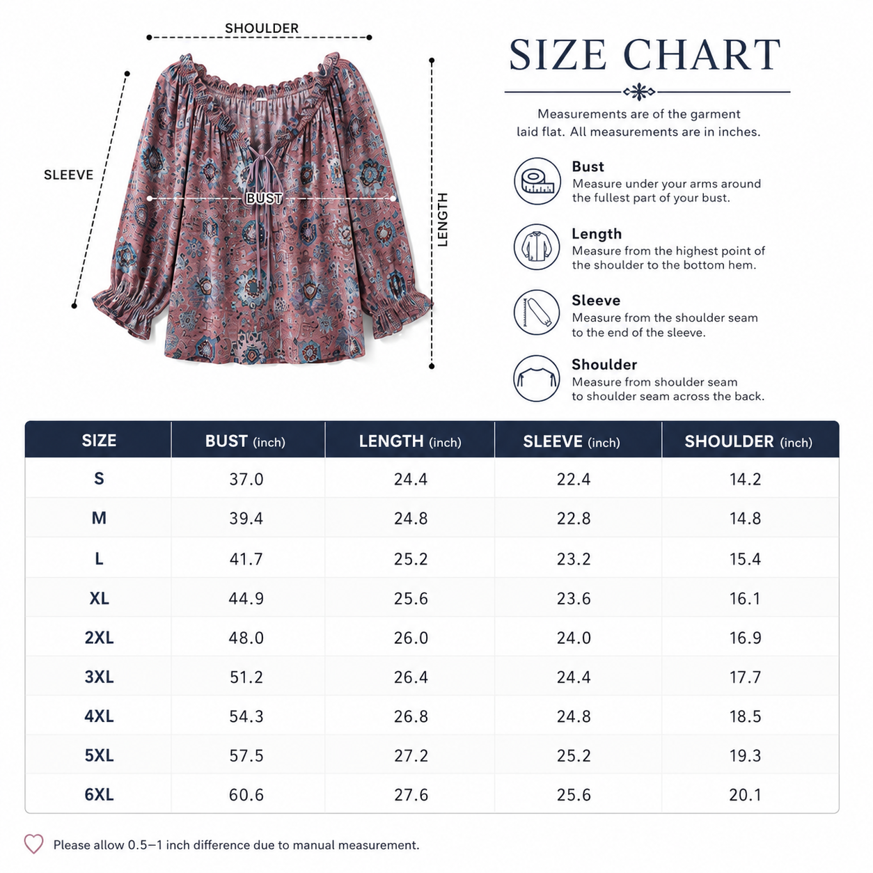 Size chart for floral ruffle tie-neck blouse sizes S to 6XL
