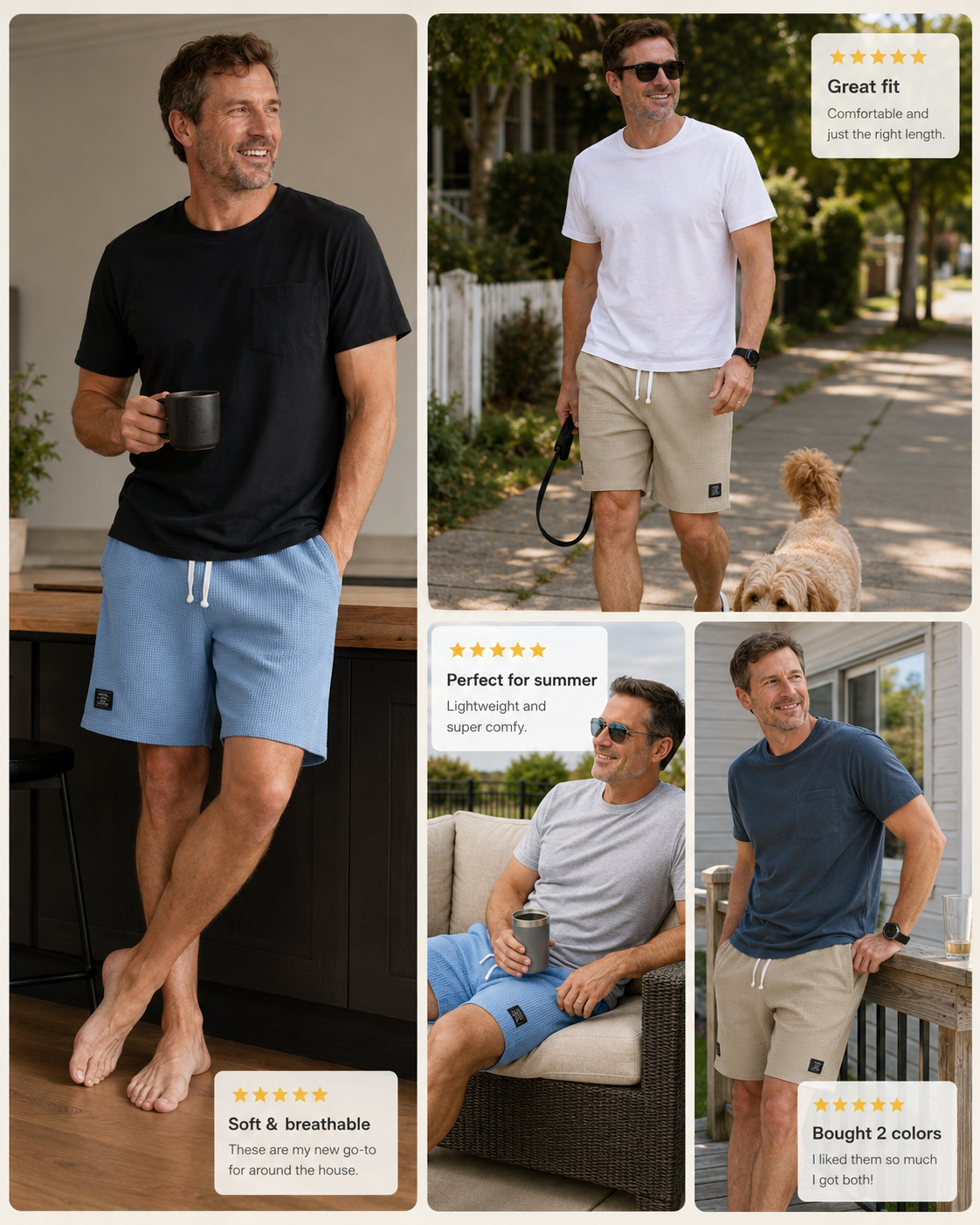 Customer review collage showing men wearing waffle shorts