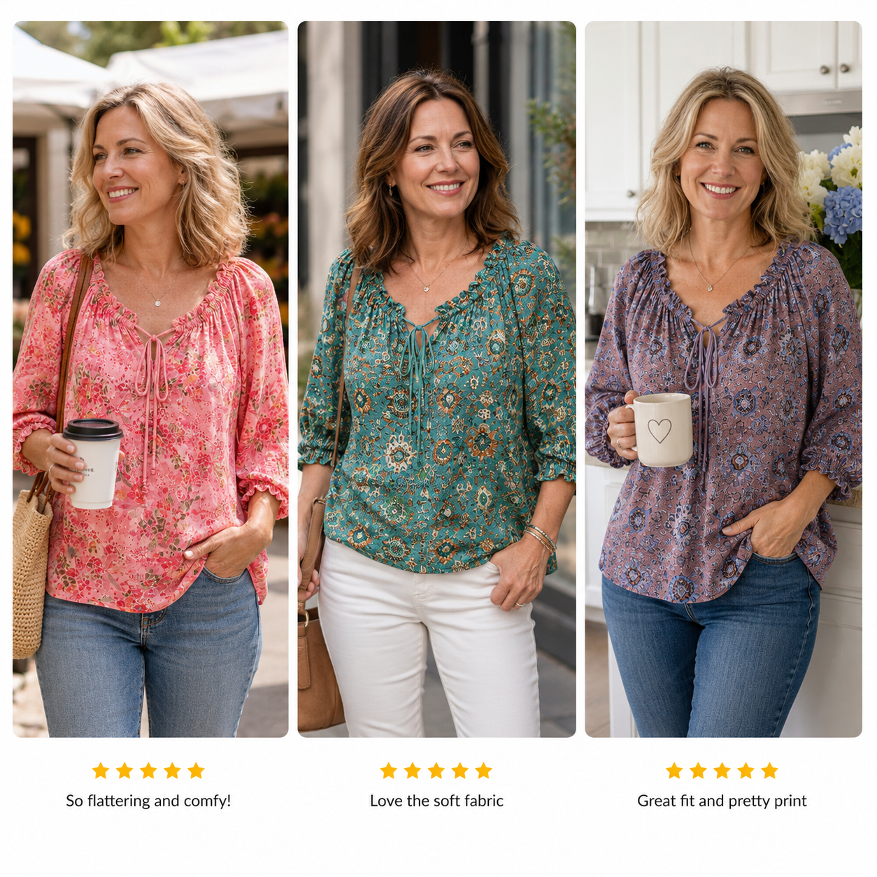 Customer review try-on showcase for floral blouse