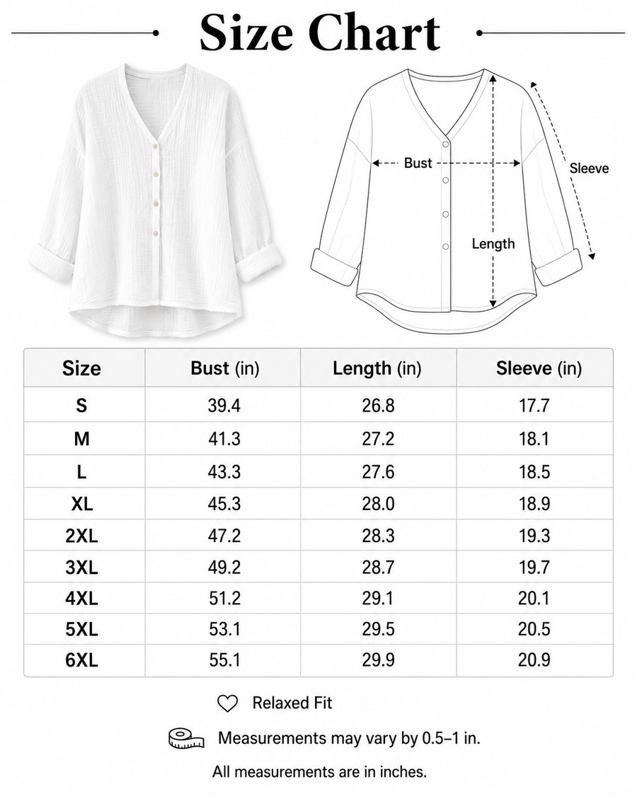 Size chart for white V-neck blouse from S to 6XL