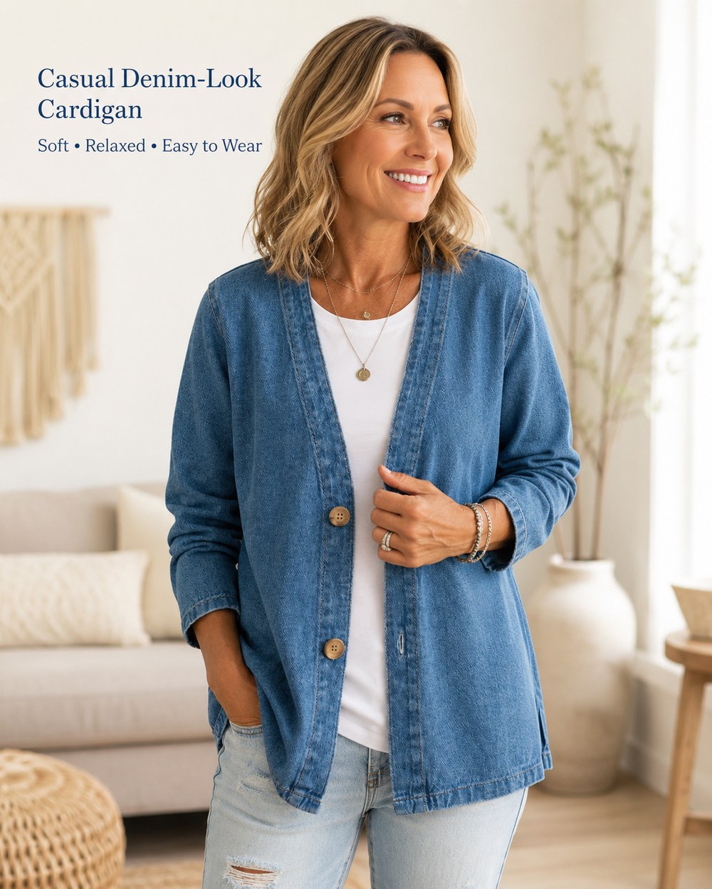 Casual Denim-Look Cardigan on model