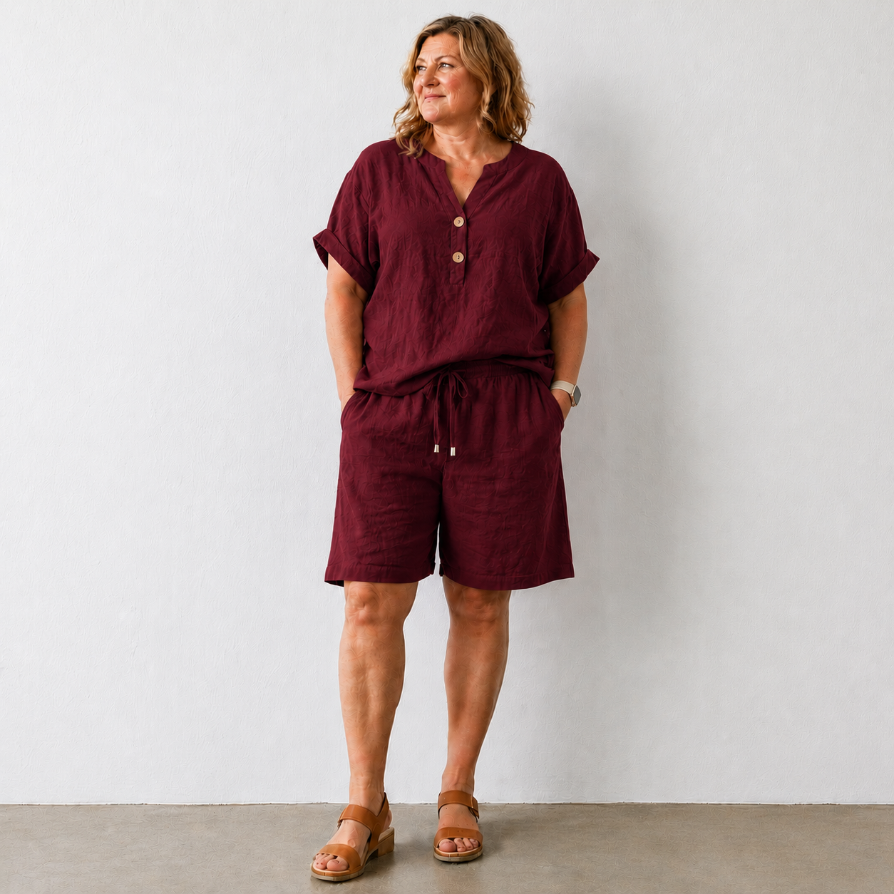 Summer Co Ord Sets for Women Cotton Linen Set 2 Piece Outfits Short Sleeve Button Down Henley Top and Wide Leg Shorts Set Oversized Tracksuits Elegant Travel Loungewear