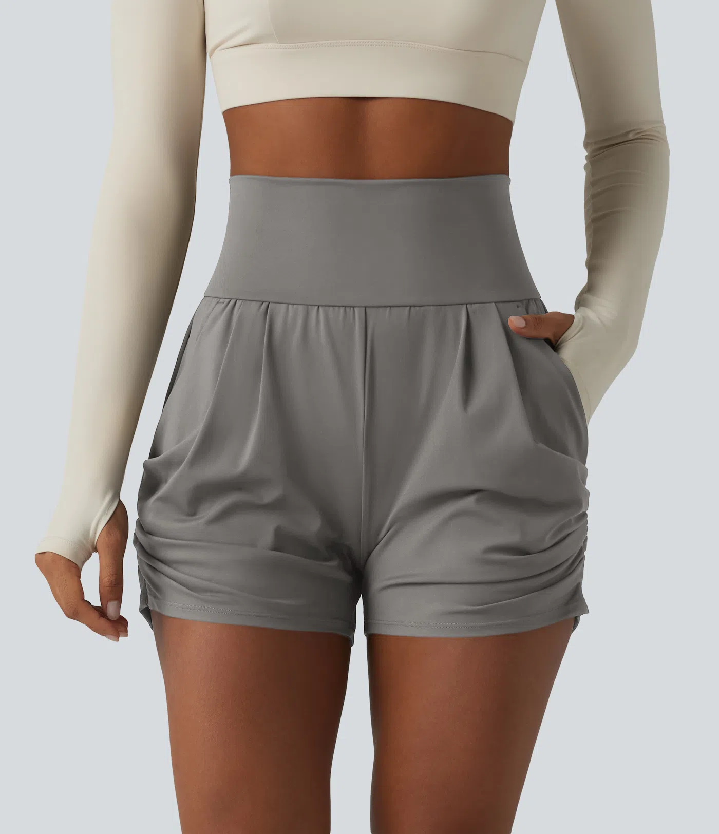 Airy High Waisted Ruched Cool Touch Yoga Shorts 3'' with Pockets