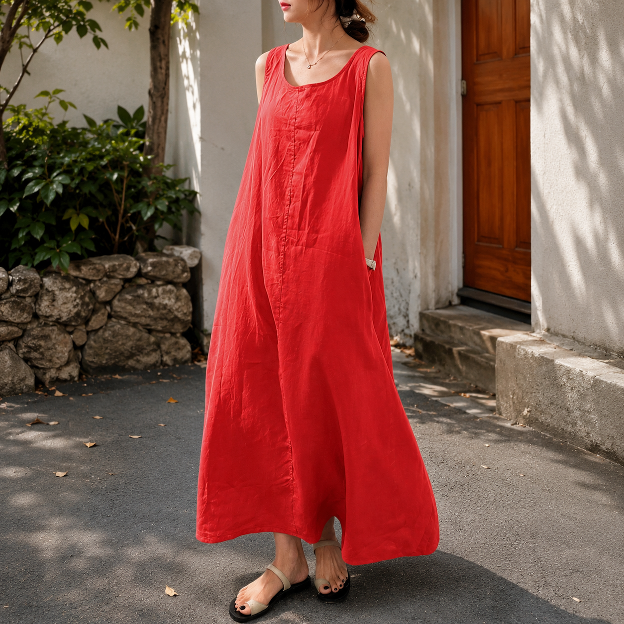 chouyatou Women's Summer Casual Sleeveless Cotton Sun Dress Maxi Tunic Tank Beach Dress with Pocket