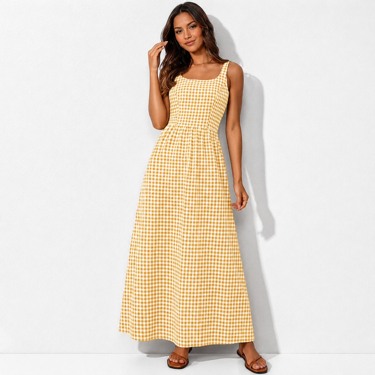 Women's 2026 Summer Spaghetti Strap Maxi Dresses Plaid Square Neck A Line Casual Beach Vacation Long Sundress