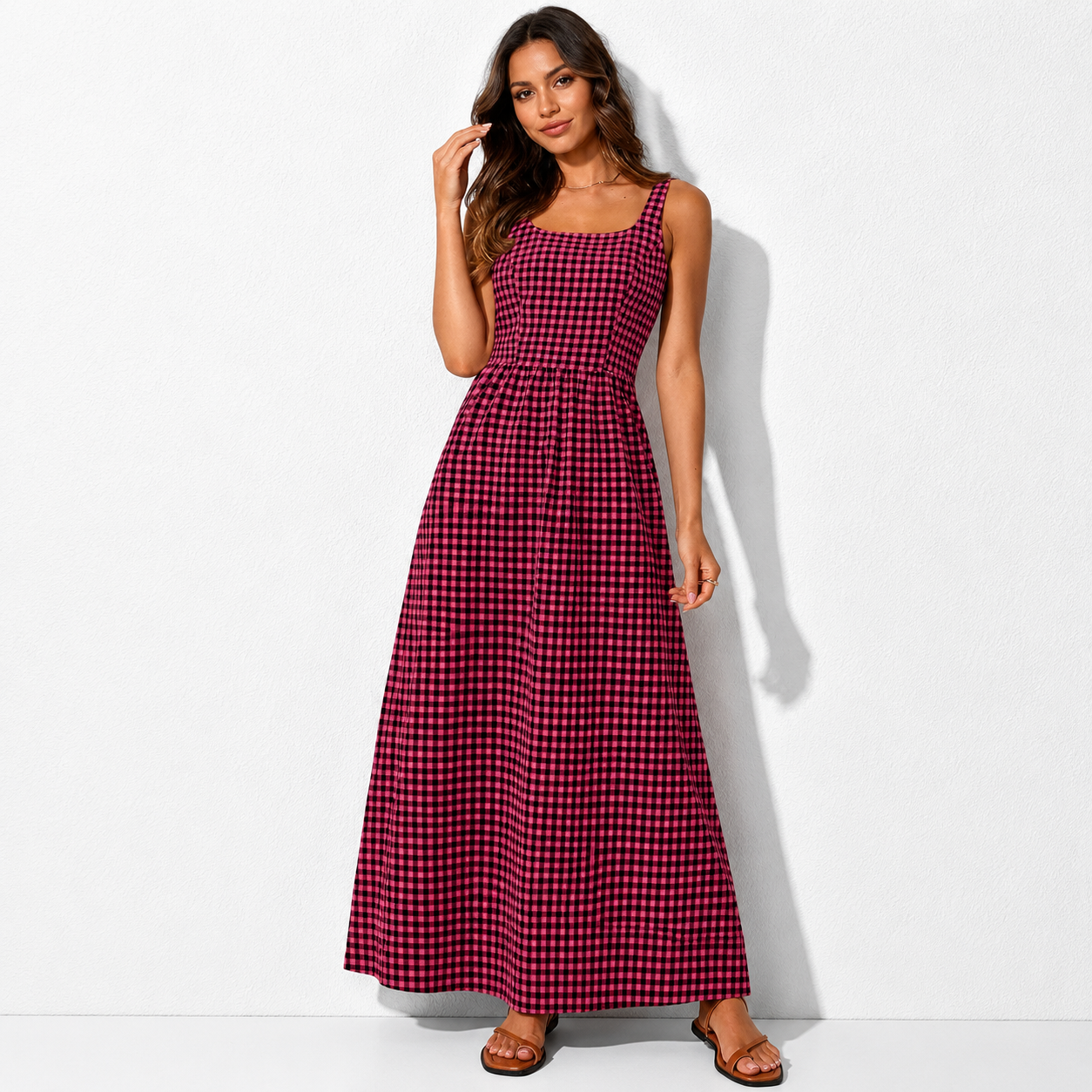 Women's 2026 Summer Spaghetti Strap Maxi Dresses Plaid Square Neck A Line Casual Beach Vacation Long Sundress
