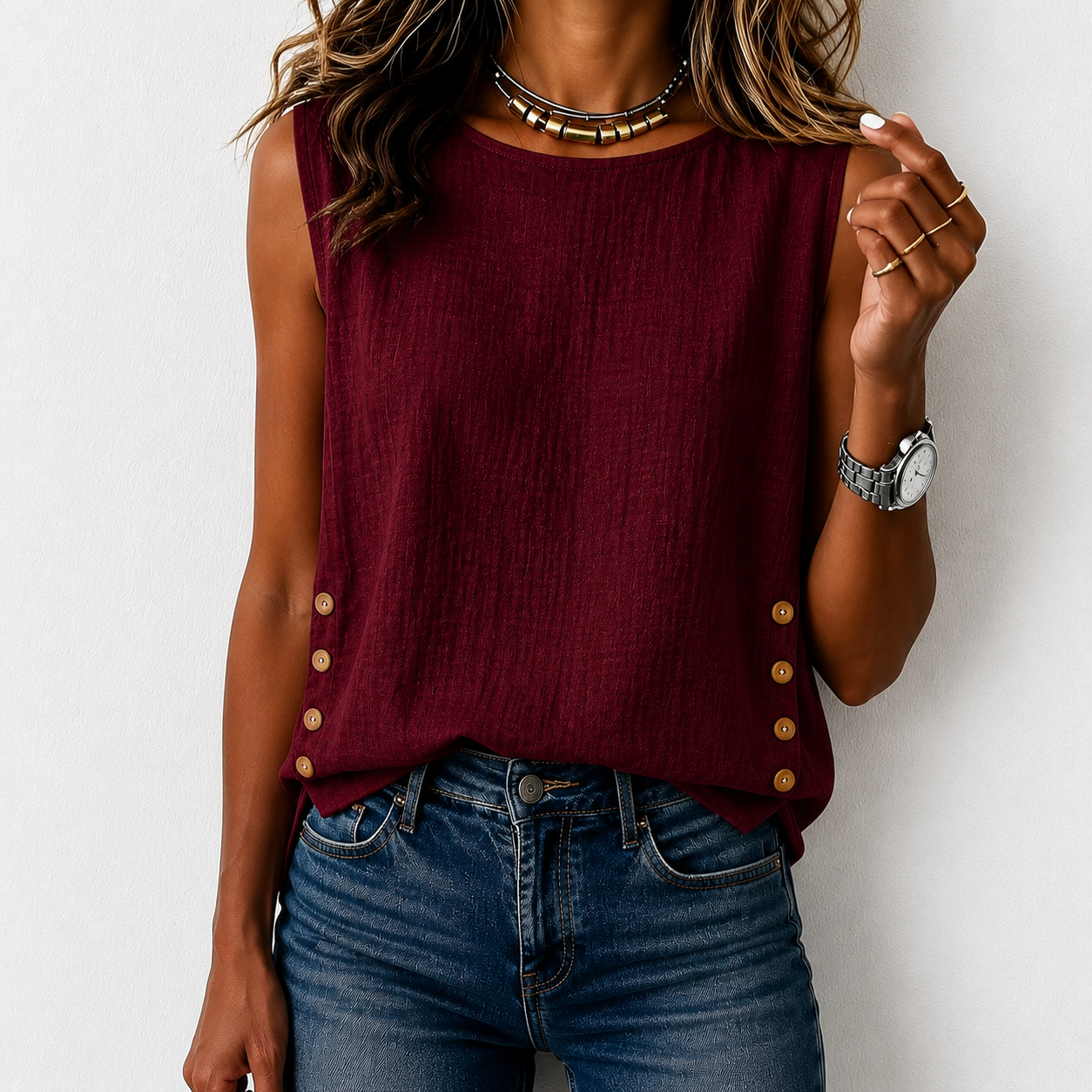 Women’s Casual Sleeveless Button Detail Tank Top