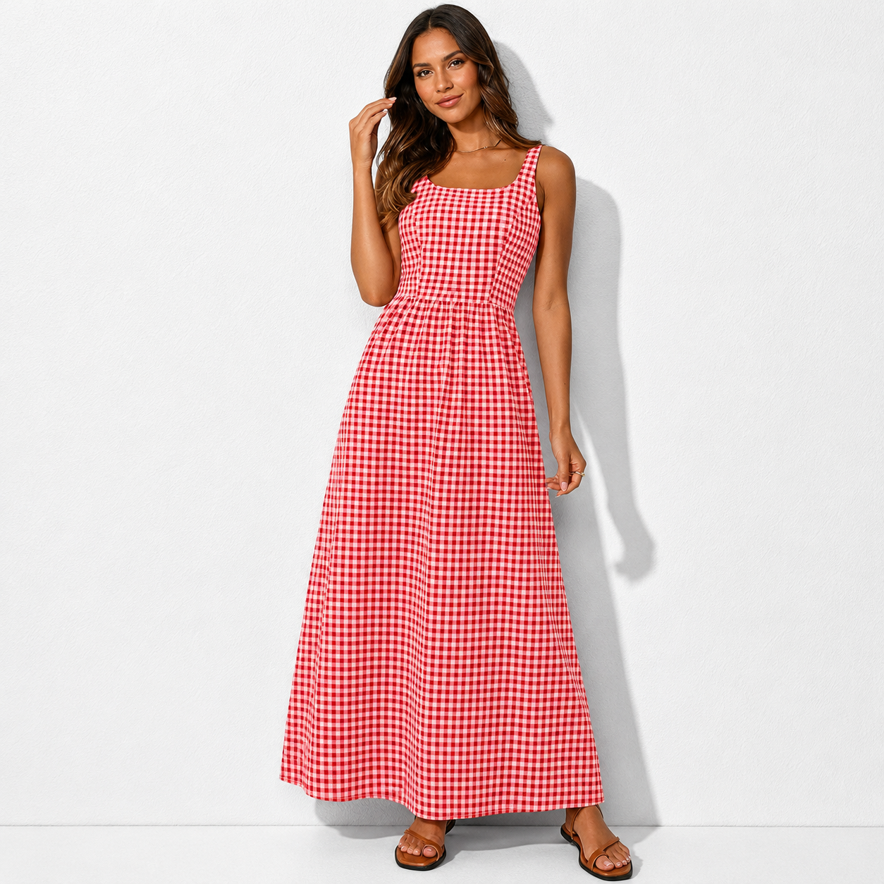 Women's 2026 Summer Spaghetti Strap Maxi Dresses Plaid Square Neck A Line Casual Beach Vacation Long Sundress