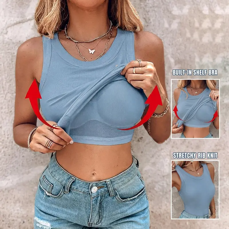 ChicMe Built-in Bra Tank Top Ribbed Racerback Tops Women Going Out Tops Everyday Basic Tanks Padded Tops