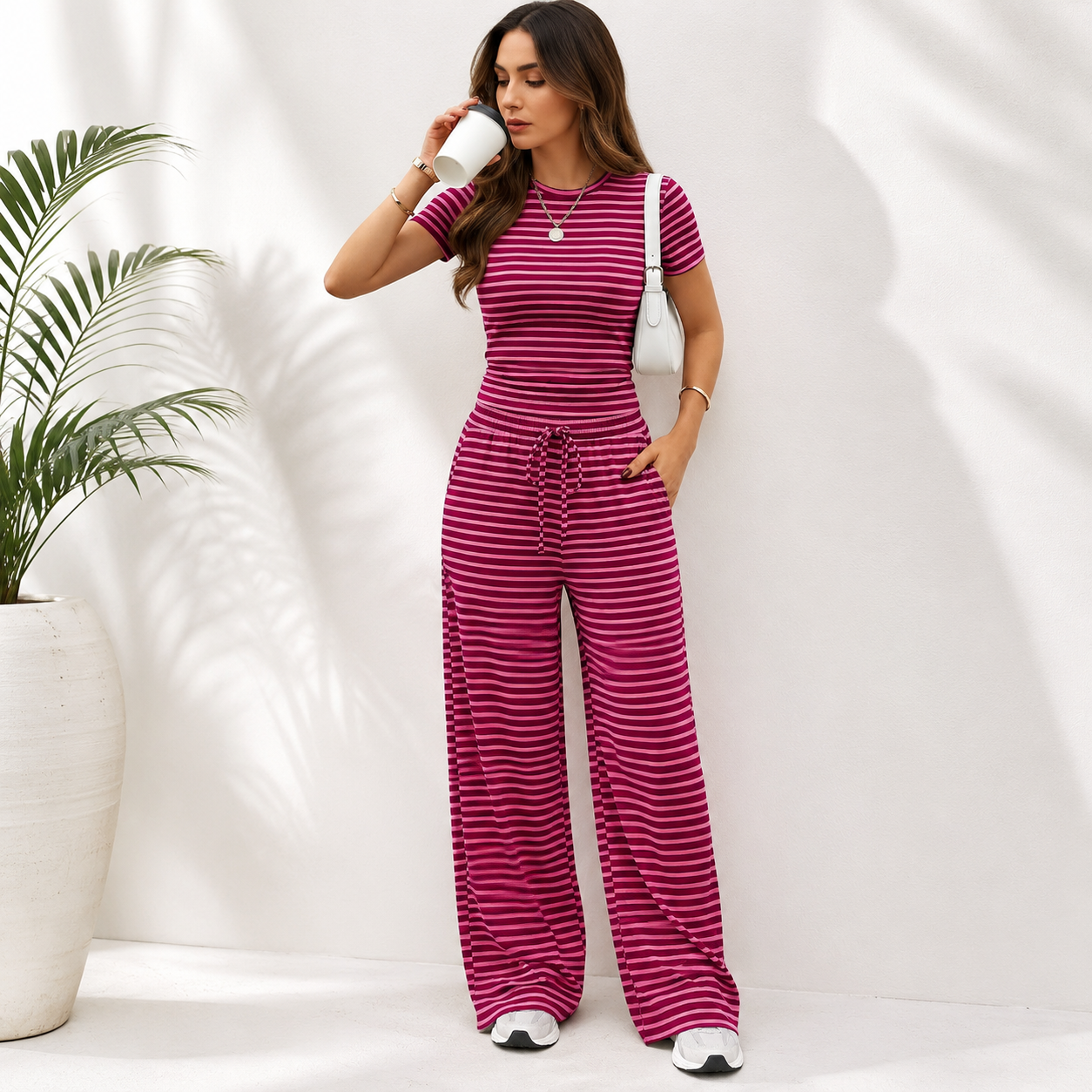 Trendy Queen 2 Piece Matching Summer Lounge Set Womens Side Ruching Top Wide Leg Pants Sets with Pockets