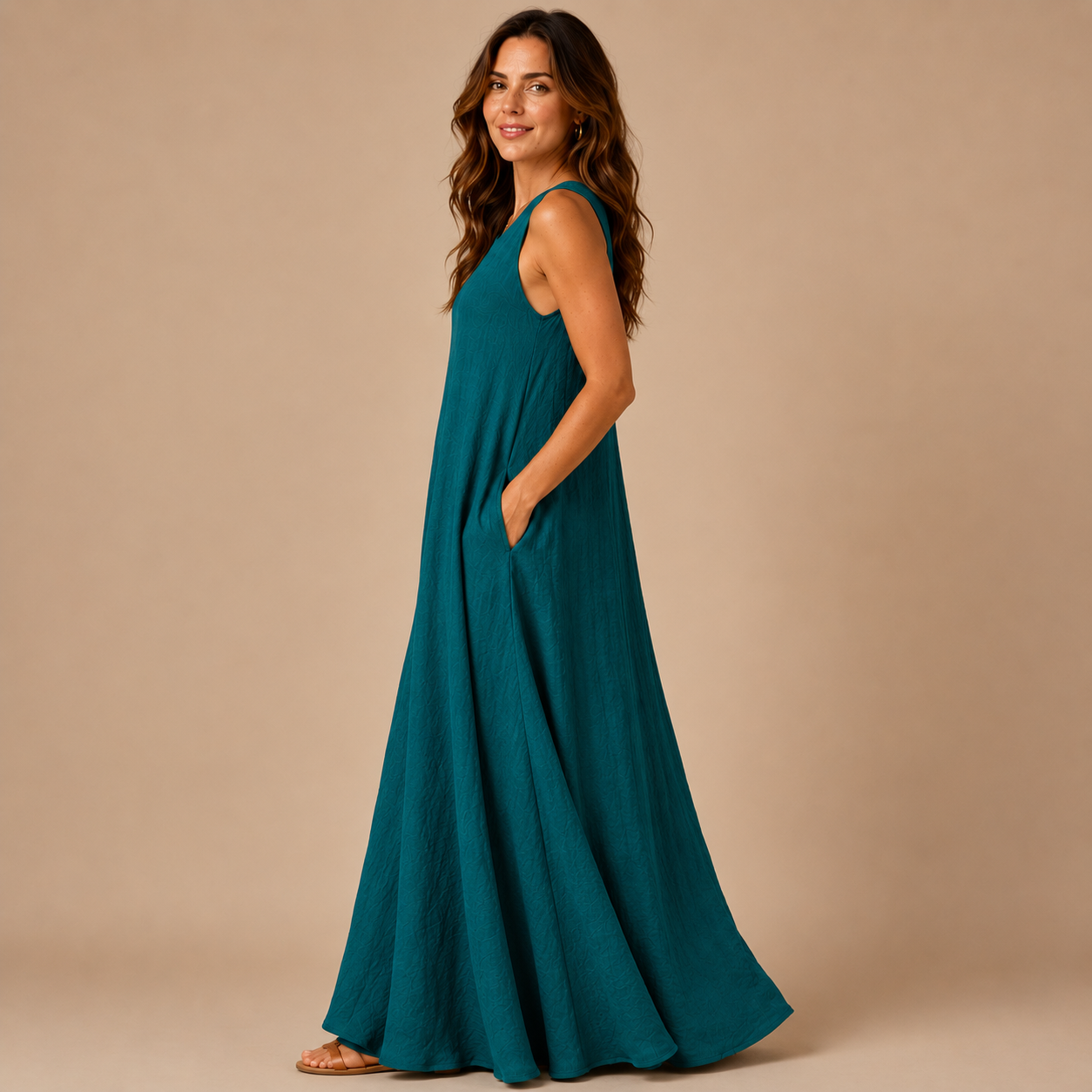 Women's Sleeveless Linen Maxi Dress Casual Long Dresses with Pockets