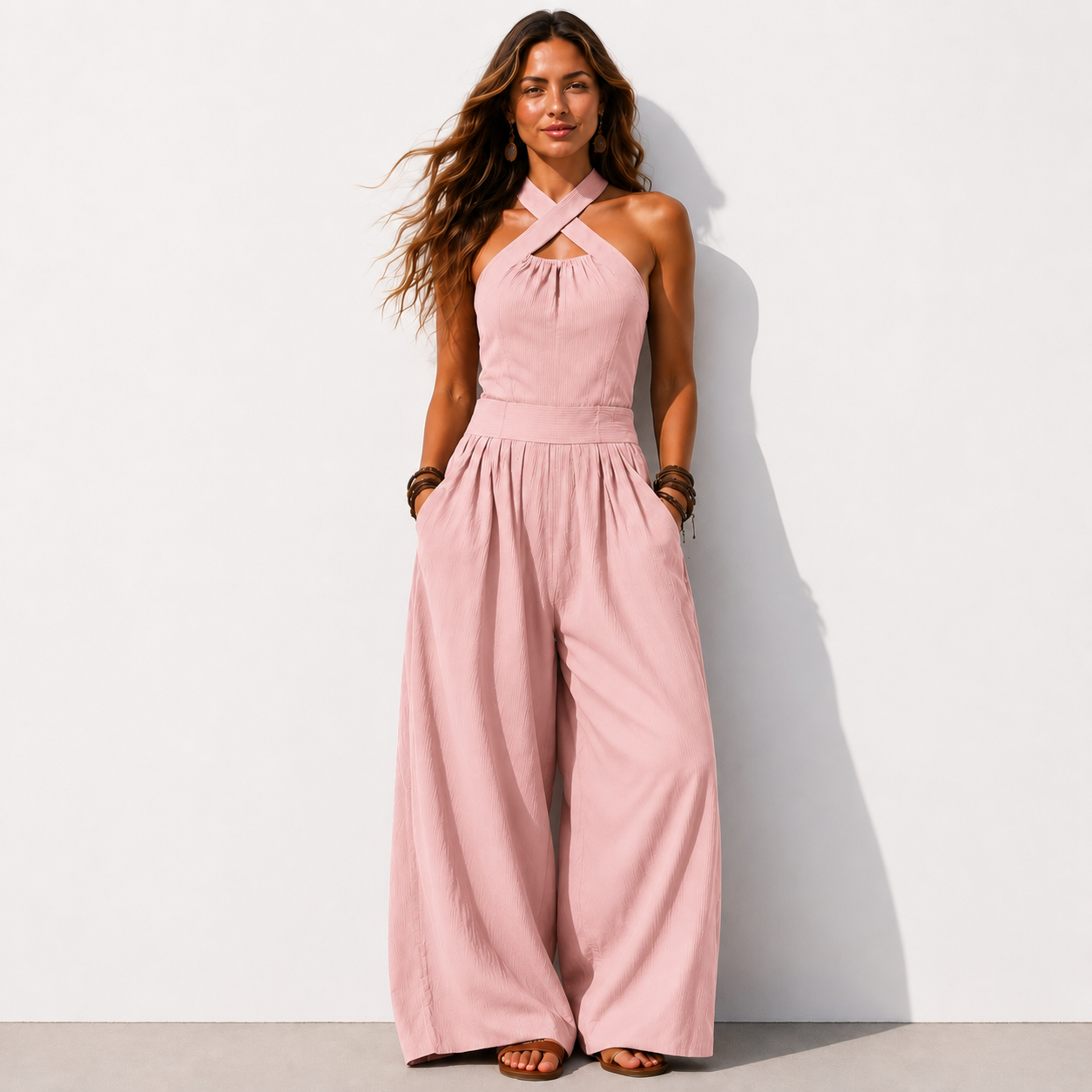 Women's Cross-neck Halter Design Cotton-linen Jumpsuit