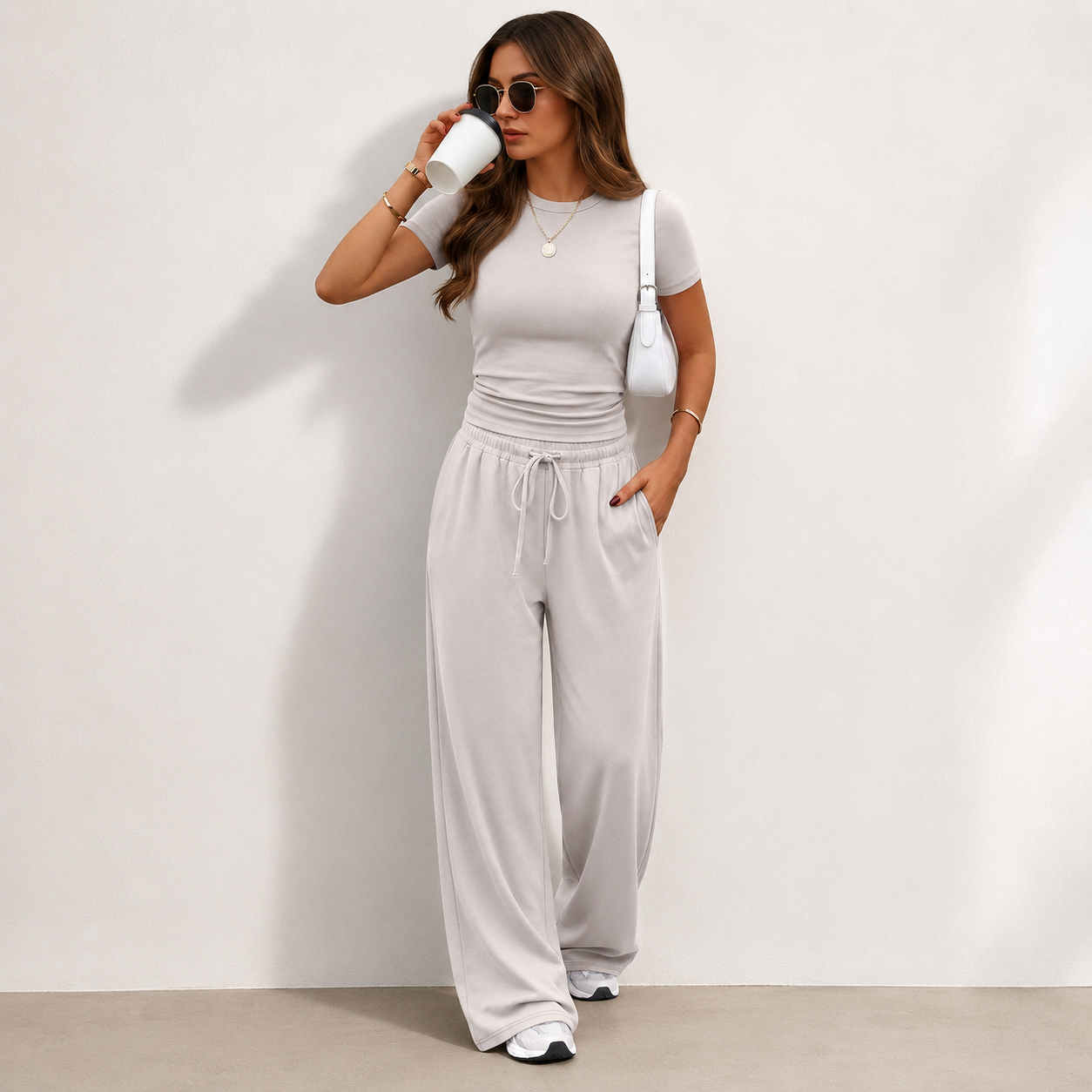 Trendy Queen 2 Piece Matching Summer Lounge Set Womens Side Ruching Top Wide Leg Pants Sets with Pockets