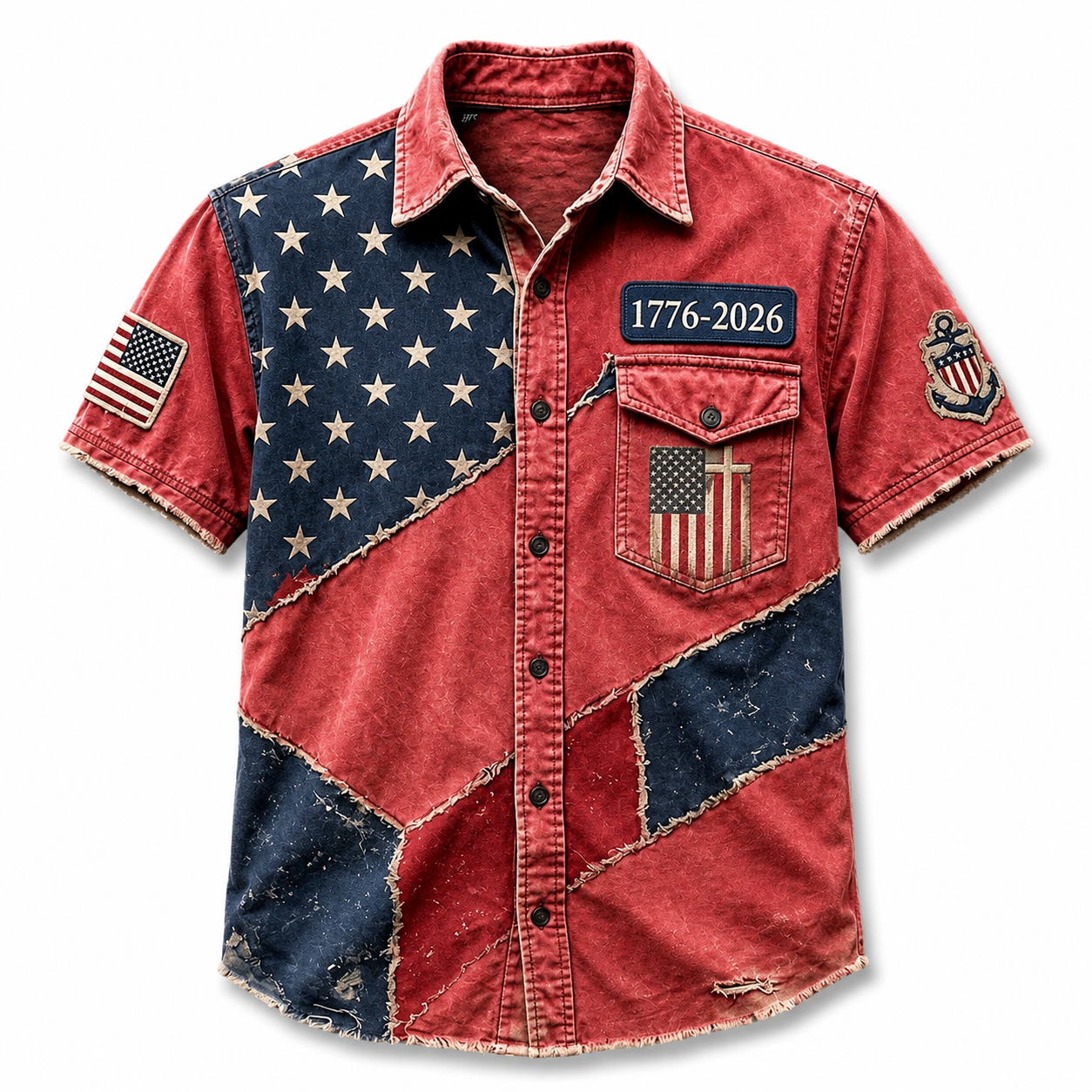 Men's USA 1776-2026 250th Anniversary Vintage Flag Patchwork Short-Sleeve Button-Down Shirt - Distressed Denim Style