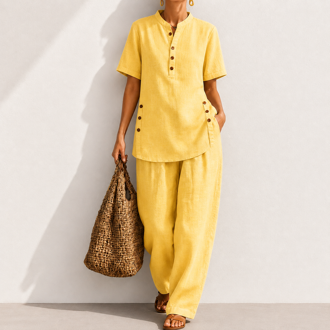 Cozy Casual Button Shirt And Wide-leg Pants Linen Two-piece Set
