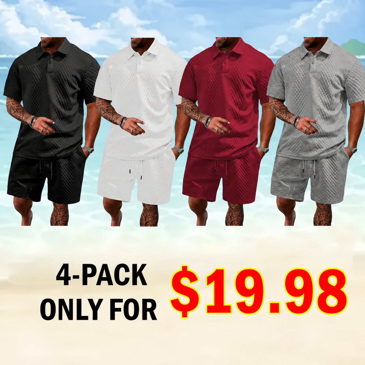 Men's Solid Polo & Drawstring Shorts Set Cozy, Breathable for Daily/Beach, Summer Casual