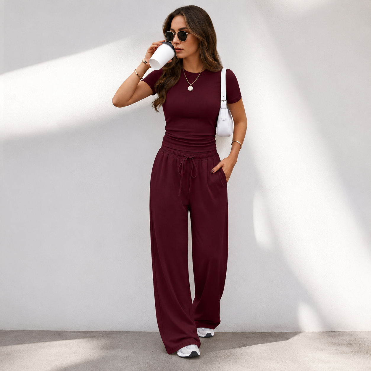 Trendy Queen 2 Piece Matching Summer Lounge Set Womens Side Ruching Top Wide Leg Pants Sets with Pockets
